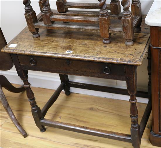 An early 18th century oak rectangular topped side table W.76cm